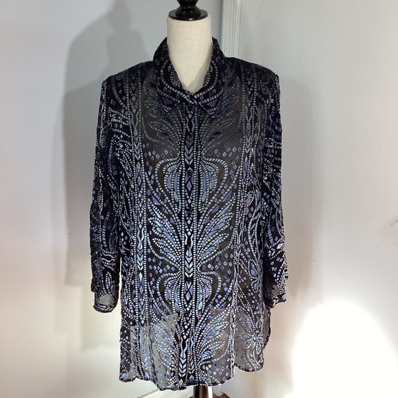 BOB MACKIE WEARABLE ART PLUS 3X BURNOUT VELOUR BLOUSE BUTTERFLY SILVER - Picture 1 of 9